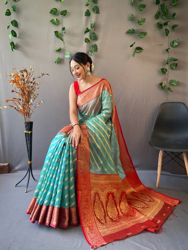 Sea_Blue_Pure_Organza_Weaved_Leheriya_Saree_With_Blouse_Piece_Attached